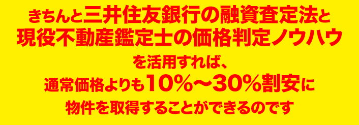 きちんと三井住友銀行の融資査定法と 現役不動産鑑定士の価格判定ノウハウ を活用すれば、 通常価格よりも10％～30％割安に 物件を取得することができるのです 