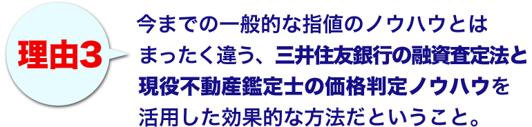 理由３ 今までの一般的な指値のノウハウとはまったく違う、 三井住友銀行の融資査定法と 現役不動産鑑定士の価格判定ノウハウを活用した 効果的な方法だということ。 